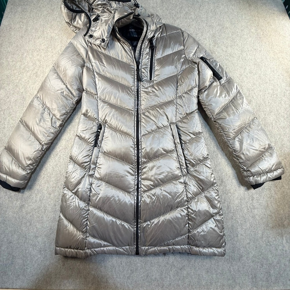 Andrew Marc Womens Packable Premium Down Puffer Jacket Metallic ChampagneGold XS